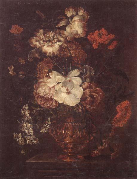 unknow artist Still life of Roses,Carnations,Daisies,peonies and convulvuli in a gilt vase,upon a stone ledge oil painting picture